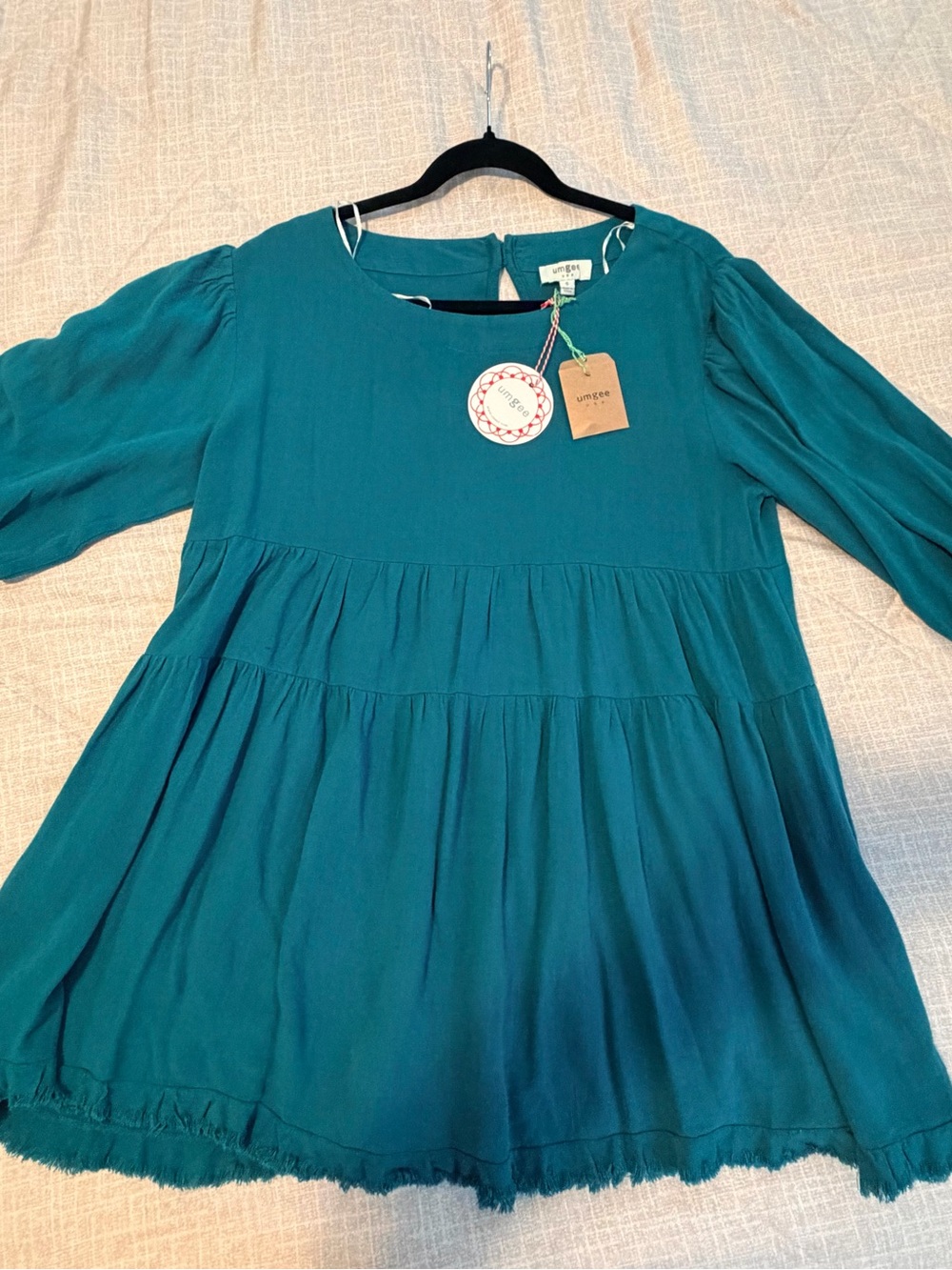 Umgee Teal Tiered Dress with Puff Sleeves